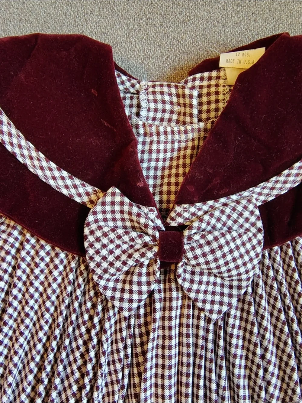 Vtg Velvet Caped Checked Dress Girls 12M Maroon Bow Pleated Madeline Sailor USA